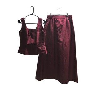 Belsoie Top Skirt Set Women's Size 14 Red Silk Maxi Sleeveless Stretch Waist